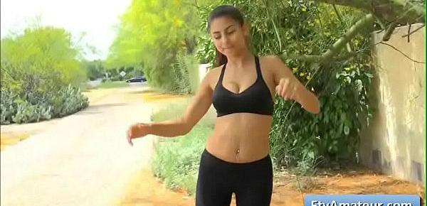  Sexy teen Nina goes for a jog and shoe her big natural boobs and nice tight ass outside